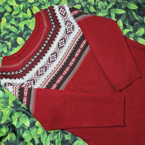Massini Fair Isle Dark Red Maroon Sweater Dress Tunic Self Sash Belt size Large - Picture 7 of 13